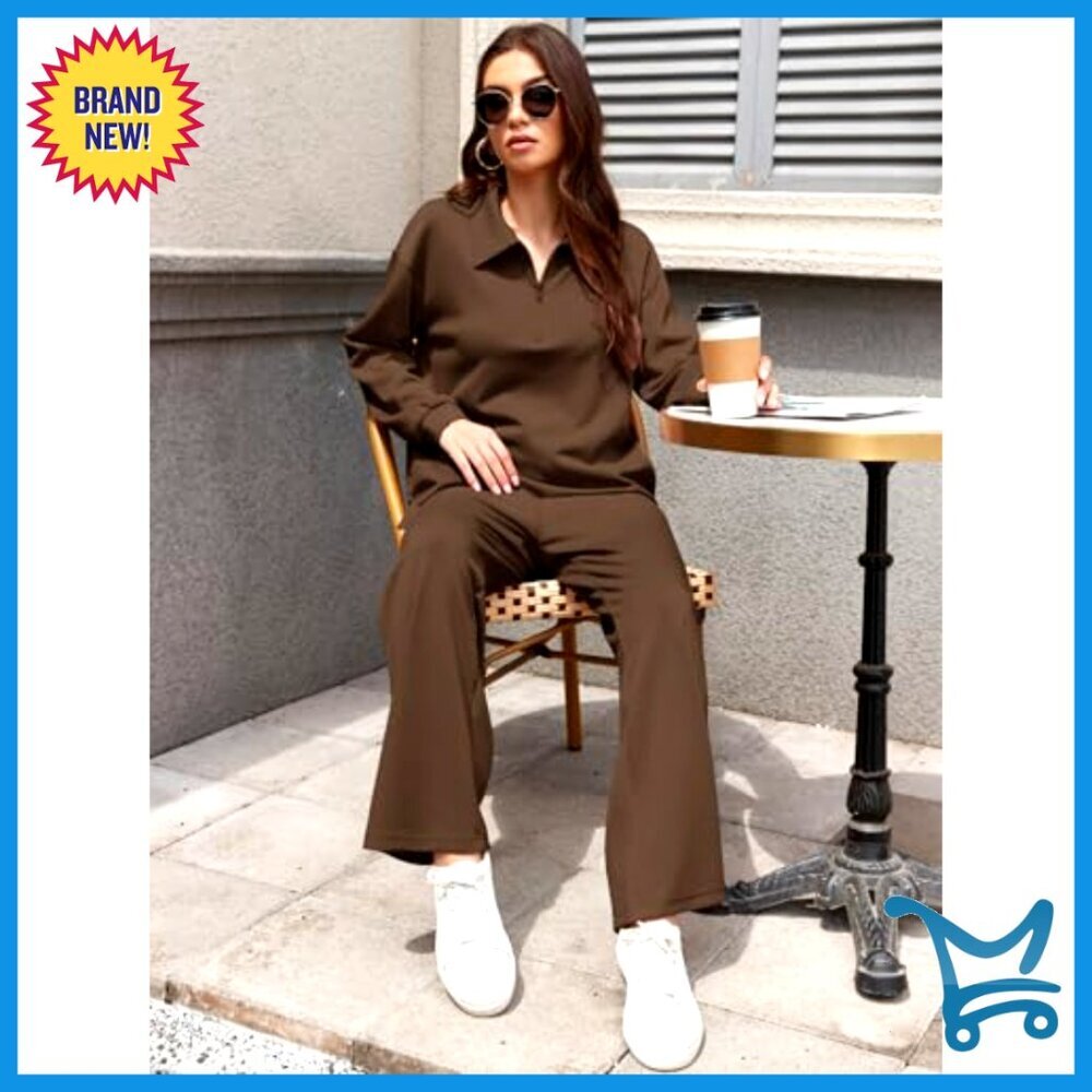 2-Piece Lounge Set Zip-Up Top Wide Leg Pants Travel Casual Outfit - Picture 6 of 7